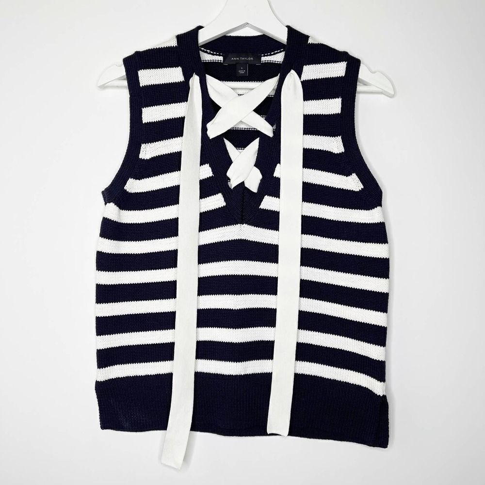 Ann Taylor Blue White Stripe Lace Up Sleeveless Sweater S